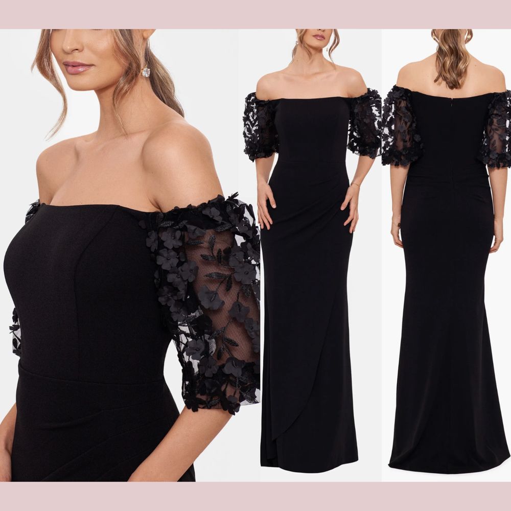 Nwt $258 Xscape [ 6 ] Off Shoulder Floral Appliqu Trumpet Gown In Black